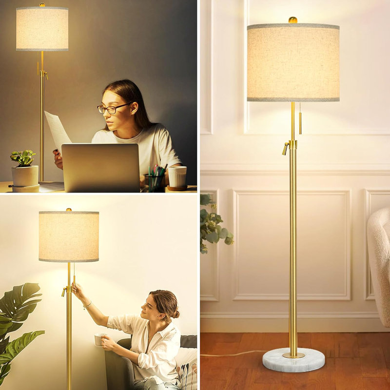 Mercer41 Modern Floor Lamp For Living Room Adjustable Height Standing Lamp With Marble Base Gold Tall Pole Light With Linen Shade For Reading Bedroom Chain Switch 8W 3 Way Dimmable Bulb Included